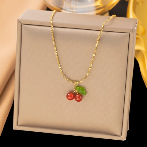 Titanium Steel Cherry Pendant Necklace And Stud Earrings Gold Plated Red Fruit Green Leaf Sweet Cute Jewelry Accessories