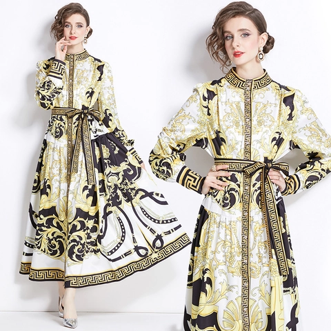Barock Print Langarm Maxi Kleid Für Damen Retro Stehkragen Gürtel Einreihig A-Linie Vintage Elegantes Langes Kleid