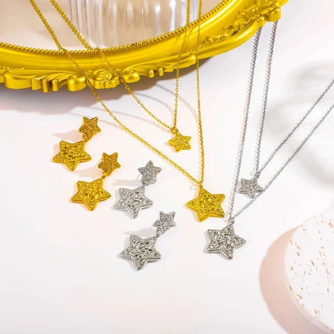 Minimalistisches Edelstahl Doppel Layer Stern Anhänger Halskette Und Stern Ohrstecker Schmuck Set Für Damen Gold Silber