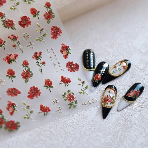 Stickers Nail Art Relief 3D Pivoine Rouge Fleurs Calligraphie Chinoise Bronzage Or Ultra Minces Décalcomanies Auto Adhésives Décor De Manucure