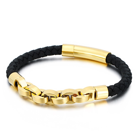Men Bracelet Braided Cowhide Leather Stitched Stainless Steel Chain Magnetic Clasp Trendy Punk Jewelry Gift For Father