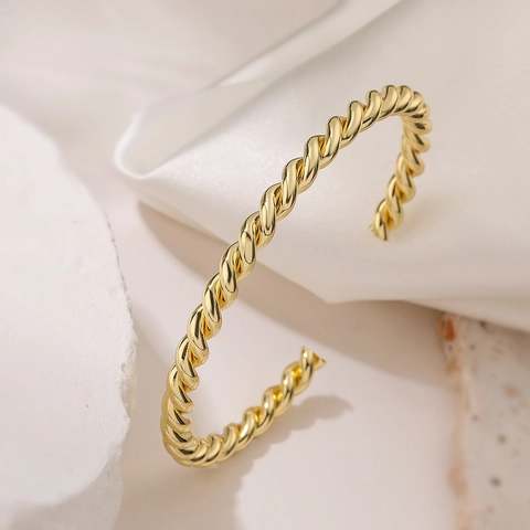 Bracciale Rigido Aperto Intrecciato Oro Placcato Rame Geometrico Retrò Regolabile Per Donne