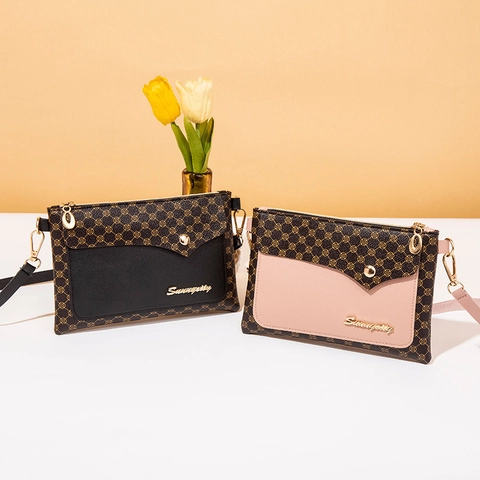 Bolso De Hombro Para Mujer De Cuero PU Con Estampado De Monograma Cartera De Mano Cuadrada En Contraste Con Correa De Muñeca