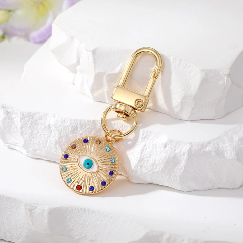 Bohemian Vintage Evil Eye Keychain Metal Alloy Rhinestone Inlaid Round Pendant Keyring For Women Handbag Accessories Gift