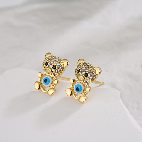Cute Evil Eye Stud Earrings 18K Gold Plated Copper Zircon Enamel Bear Heart Crescent Moon Jewelry For Women