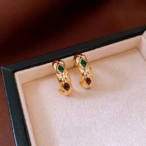 French Vintage C-Shaped Hoop Earrings For Women With Quilted Texture Red Green Enamel And Silver Earring Post