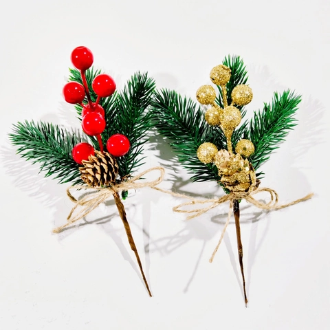 Artificial Christmas Pine Needle Berry Picks With Natural Pine Cones Jute Bow Festive Decor DIY Garland Ornament