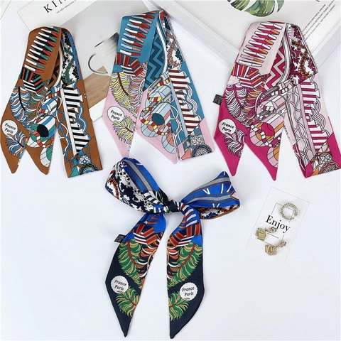 Sciarpa Lunga Stretta Raso Sintetica Stampa Etnica Nastro Capelli Manico Borsa Retro Motivo Geometrico Donna