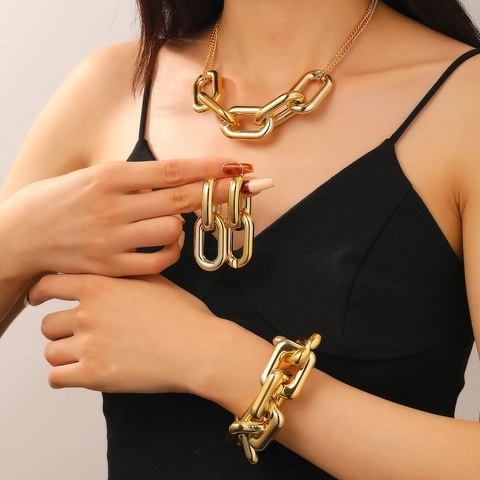 Gioielli Industriali a Catena Grossa Stile Metallico CCB Orecchini a Bottone Geometrici Bracciale Collana Donna Accessorio