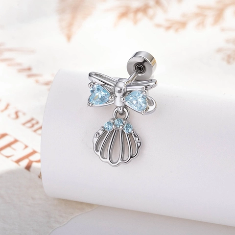 Bow Shell Zircon Ear Cartilage Stud Screw Back Earring Blue Heart Cubic Zirconia Ocean Style Silver Color Body Jewelry