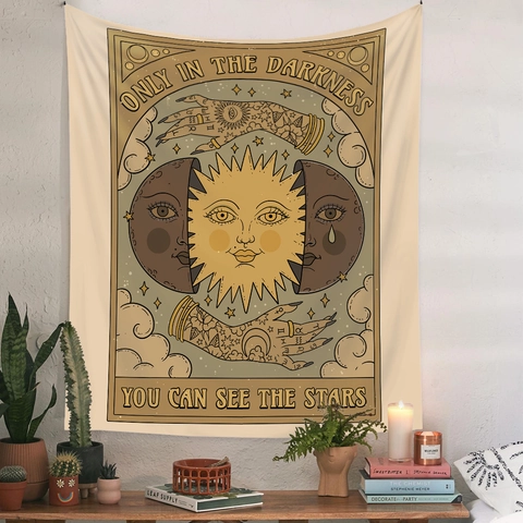 Cat Tarot Tapestry Polyester Wall Hanging Aesthetic Bohemian Room Decor Mystic Celestial Moon Star Sun Art