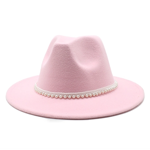 Elegant Wide Brim Fedora Hat Vintage Woolen Felt Jazz Hat With Artificial Pearl Ribbon Band For Men And Women Retro Fashionable Accessory