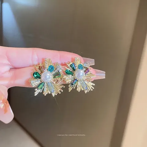 Retro Sunburst Flower Stud Earrings With 925 Sterling Silver Earring Post Faux Artificial Pearl Multi Color Crystal For Women