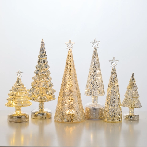 LED Lighted Mercury Glass Christmas Tree Ornament Desktop Decor Star Topper Champagne Gold Holiday Tabletop Decoration