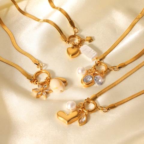 Collana A Catena Di Serpente Piatta In Acciaio Inossidabile Placcato Oro Pendenti Cuore Stella Perla Artificial Barocca Donna