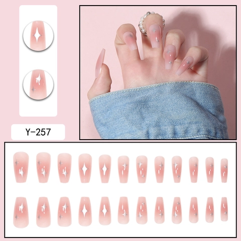 Uñas Postizas Press On Degradado Rosa Patrón Estrella Plateada Forma Ataúd Brillante Bailarina Larga