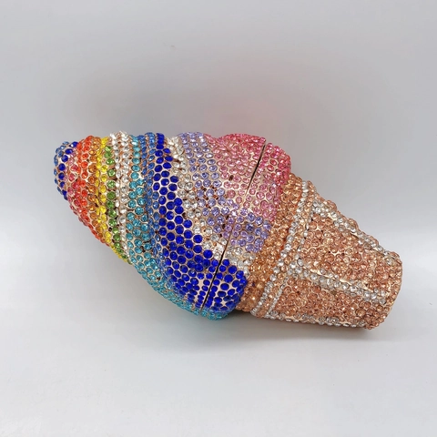 Ice Cream Shaped Evening Clutch Bag Full Rhinestone Crystal Metal Frame Chain Strap Novelty Party Banquet Women Handbag
