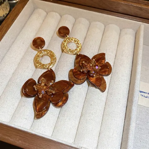 Grote Acetaat Bloem Druppel Oorbellen Met 925 Sterling Zilveren Oorsteker Gehamerde Legering Ring Retro Sieraden Dames