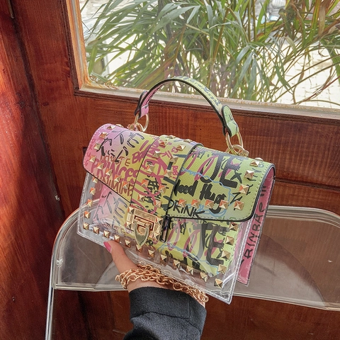 Women Transparent PVC Graffiti Shoulder Bag PU Snake Pattern Studded Rivet Gold Chain Crossbody Handbag Fashionable