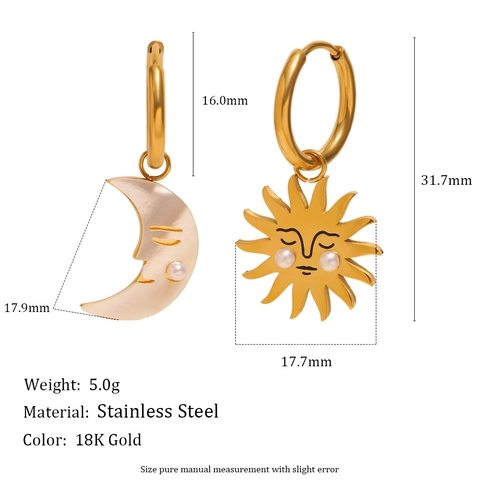 Asymmetrische Sonne Und Mond Gesicht Hoop Ohrringe Edelstahl 18K Vergoldet Künstliche Perle Perlmutt Himmlischer Schmuck Damen