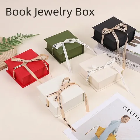Quadratische Buchform Schmuck Geschenkbox Papier Pappe Textur Mit Schleifenband Halskette Ring Armband Verpackungsbox Zur Aufbewahrung