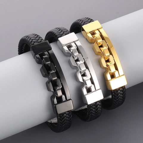 Herren Armband Geflochtenes Leder Mit Edelstahl Verschluss Hip Hop Punk Schmuck Für Den Alltag