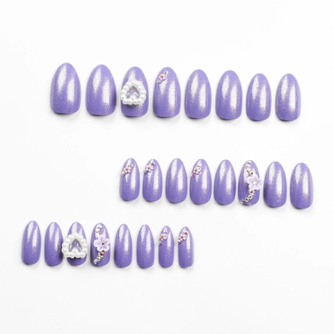 Paarse Glitter Press On Nagels Lange Amandel Kunstnagels Met 3D Bloem Kunstparel Hart Strass Luxe Manicure Voor Vrouwen
