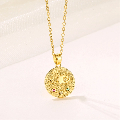 Collar Colgante Moneda Mal de Ojo Acero Inoxidable Con Circonita Medallón Redondo Relieve Estilo Retro Joyas Para Mujer