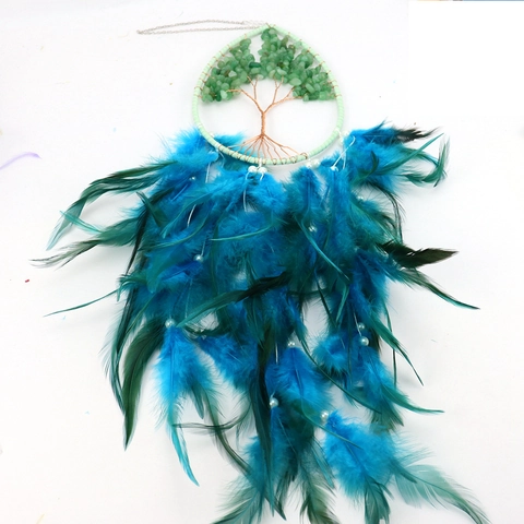 Tree Of Life Dream Catcher Handmade Crystal Stone Healing Teardrop Hanging Decoration Feathers Wall Ornament