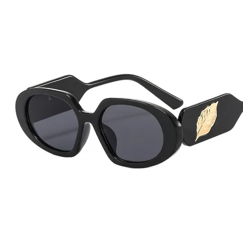 Oval Sunglasses With Golden Leaf Metal Decoration Fashionable Vintage PC Frame Eyewear For Travel Outdoor Fashion