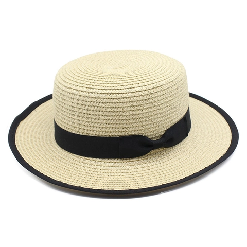 Dames Strogue Boater Hat Platte Kroon Zonbescherming Zomer Strand Brede Rand Met Zwarte Strik Vintage Elegant
