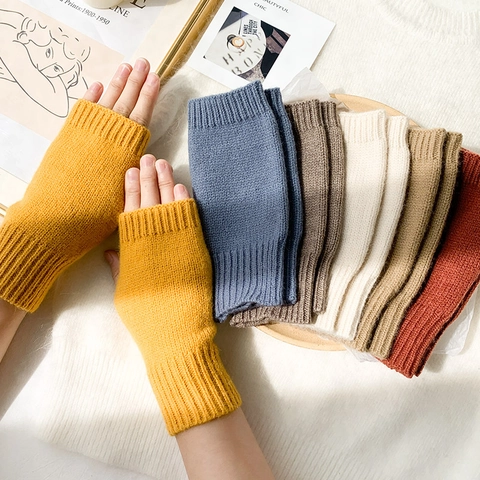 Women Knitted Fingerless Gloves Acrylic Warm Winter Ribbed Half Finger Mittens Typing Writing Solid Color