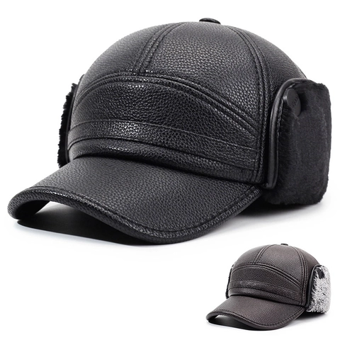 Cappello Da Baseball In Pelle PU Da Uomo Con Paraorecchie Foderato In Pelliccia Sintetica Caldo Antivento Inverno