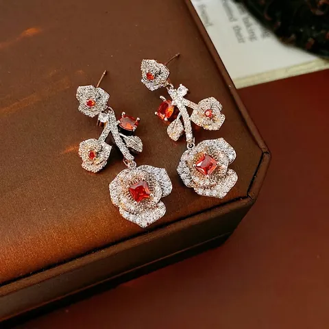 Vintage Rose Flower Dangle Earrings With Copper Zircon And Silver Earring Post Elegant Floral Jewelry For Women