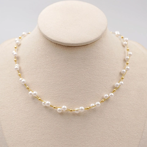 Handgewebte Künstliche Perlen Choker Halskette Mit Kleinen Goldperlen Minimalistische Elegante Verflochtene Schlüsselbeinkette Für Damen