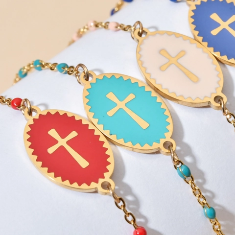 Bracciale Con Ciondolo A Croce Acciaio Inossidabile Perline Colorate Smalto Gioielli Religiosi Da Donna Catena Regolabile