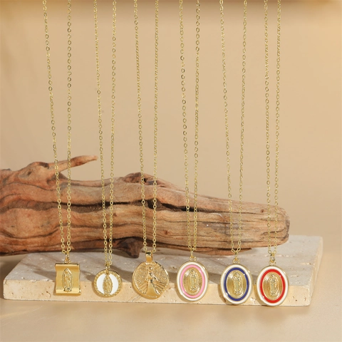 Vintage Vergoldete Kupfer Jungfrau Maria Anhänger Halskette Für Damen Religiöse Guadalupe Emaille Medaillon Geometrische Schmuck