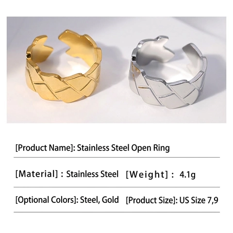 Stainless Steel Open Ring Quilted Geometric Adjustable Weave Pattern Minimalist Jewelry For Women Men