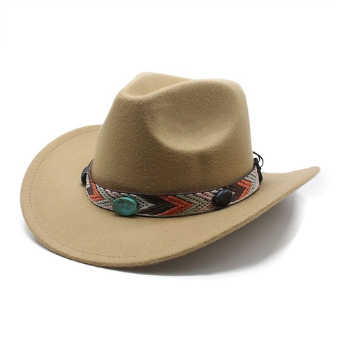 Western Cowboy Fedora Hat Woolen Felt Ethnic Woven Band Turquoise Decor Retro Jazz Cap Wide Brim Sun Protection