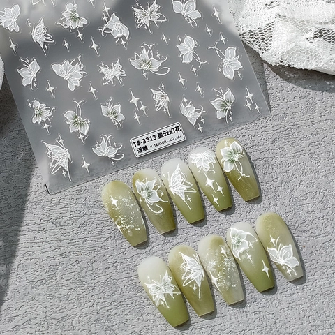 5D Embossed Nail Stickers 3D Self Adhesive Butterfly Flower Star Manicure Decals DIY White Elegant Nail Art Decor