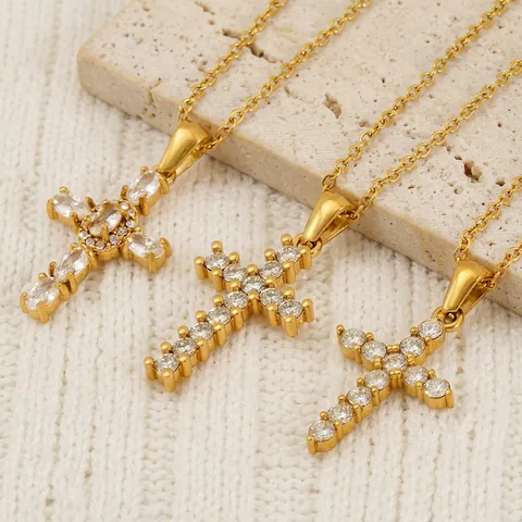 Collar Colgante Cruz Acero Inoxidable Chapado En Oro 18K Circón Blanco Joyería Religiosa Moda Para Hombres Mujeres