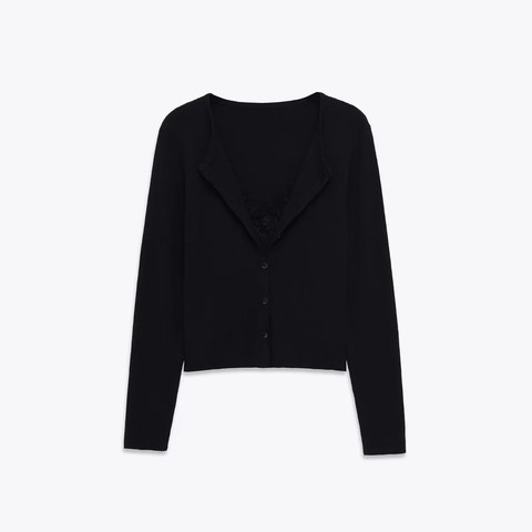 Damen Strickjacke Spitze Patchwork Langarm V Ausschnitt Knopfleiste Schlanke Passform Elegant Weich Oberteil Lässig