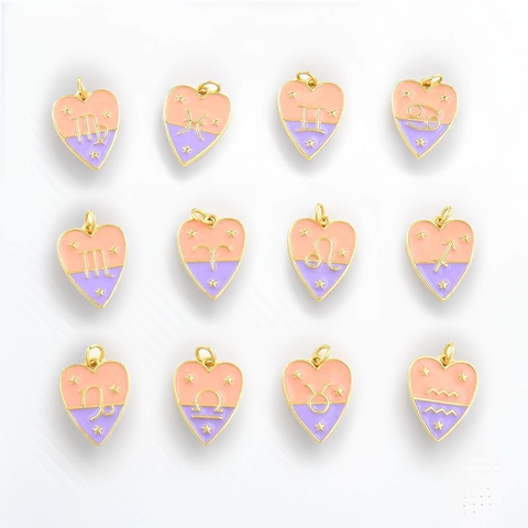 Pendentifs Cœur 12 Constellations du Zodiaque Plaqués Or 18K Émail Rose Violet Charmes pour Bricolage Collier Bracelet Porte-Clés Accessoires de Bijoux