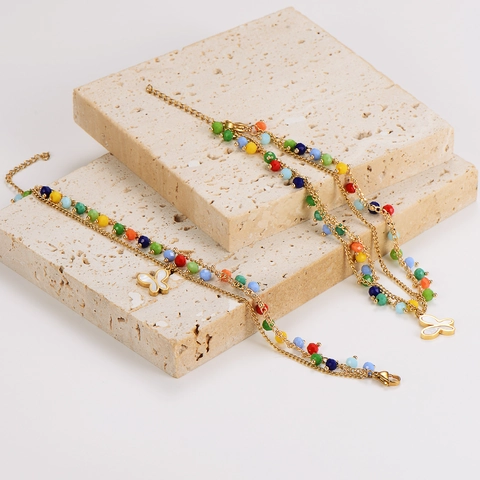 Bracciale Cavigliera Con Ciondolo A Farfalla Acciaio Inossidabile Perline Colorate Conchiglia Catena Regolabile Gioielli