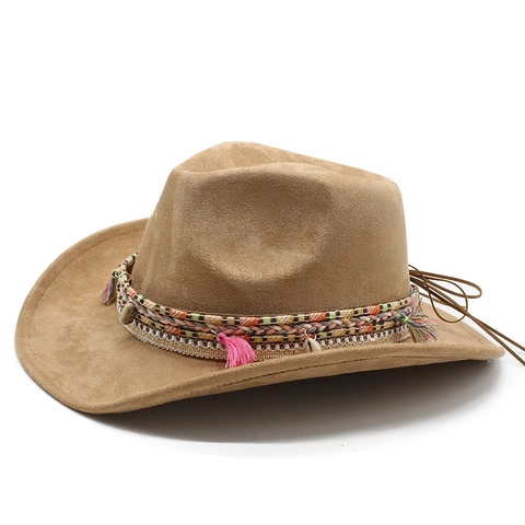 Bohemian Western Cowboy Fedora Hat Suede Polyester Tassels Shell Decor Wide Brim Ethnic Vintage Jazz Style