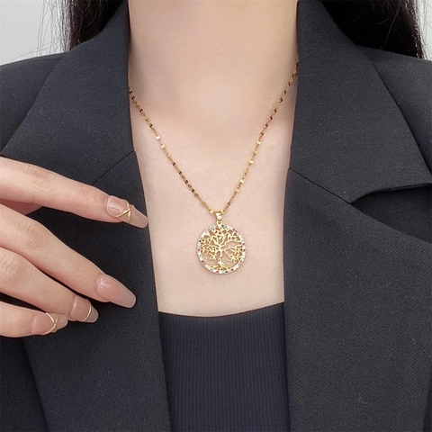 Collier Pendentif Arbre de Vie en Acier Inoxydable Doré Vintage Zirconia Multicolore Bijoux Chaîne de Pull pour Femmes