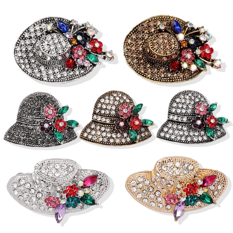 Vintage Alloy Hat Shaped Brooches For Women Full Rhinestone Flower Straw Hat Lapel Pin Enamel Decorative Breastpin Jewelry