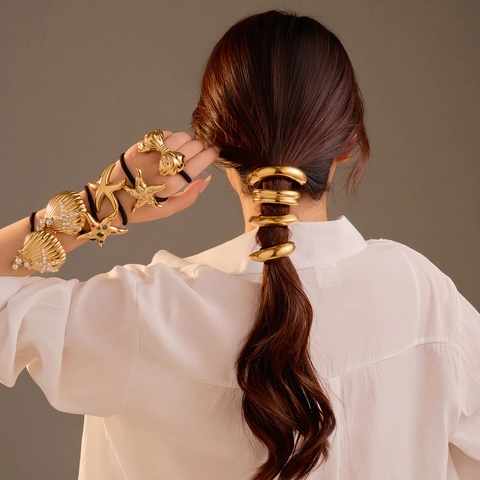 Elastici Per Capelli In Acciaio Inossidabile Placcato Oro Stella Marina Conchiglia Fiocco Strass Künstliche Perle Artificiali Corde Per Donne