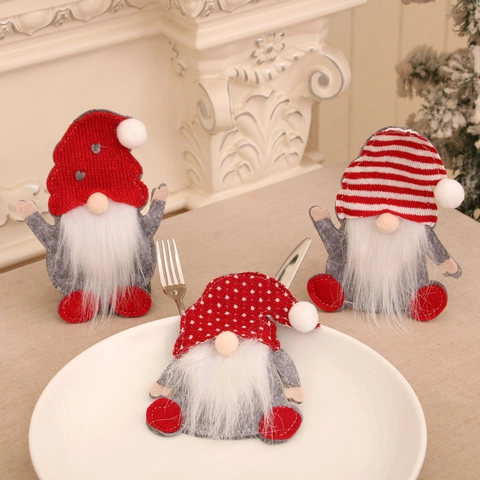 Christmas Gnome Cutlery Holder Felt Knit Fabric Tableware Bag Faceless Gnome Dining Table Decor