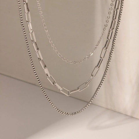 Triple Layer Stainless Steel Necklace Women Fashion Silver Color Multi Layered Paperclip Box Cross Chain Jewelry Gift